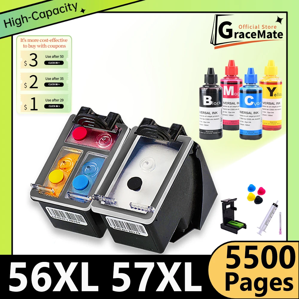 

56XL 57XL for Photosmart 7150 7260 7350 7450 7550 7660 7755 7760 7960 450ci 450wbt Printer Replacement Cartridge for HP56 HP57