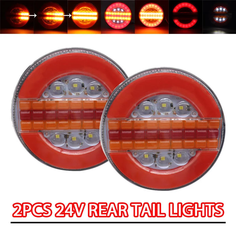 

2pcs 12V 24V Round LED Car Truck Taillight Trailer Tail Light Flow Running Dynamic Trun Signal Rear Reverse Brake Stop Light