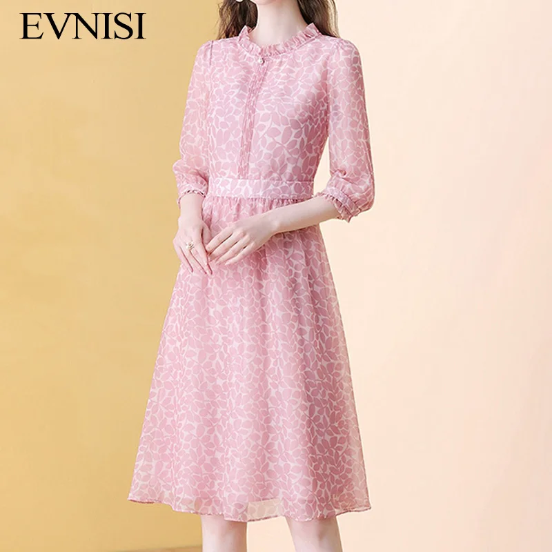 

EVNISI French Pink Floral Chiffon Dress Women 2022 Spring And Summer New Dresses Print A-line O-neck Sweet Dress For Women