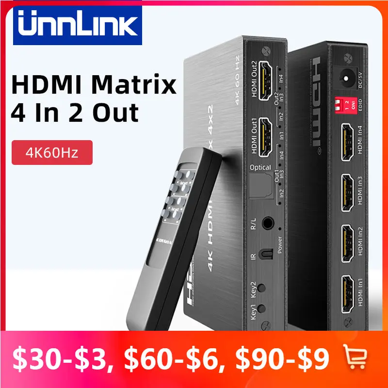 Unnlink 4K 60Hz HDMI Matrix 4x2 Video Switch Splitter 4 In 2 Out with Optical Toslink 3.5mm R/L Audio IR Remoter