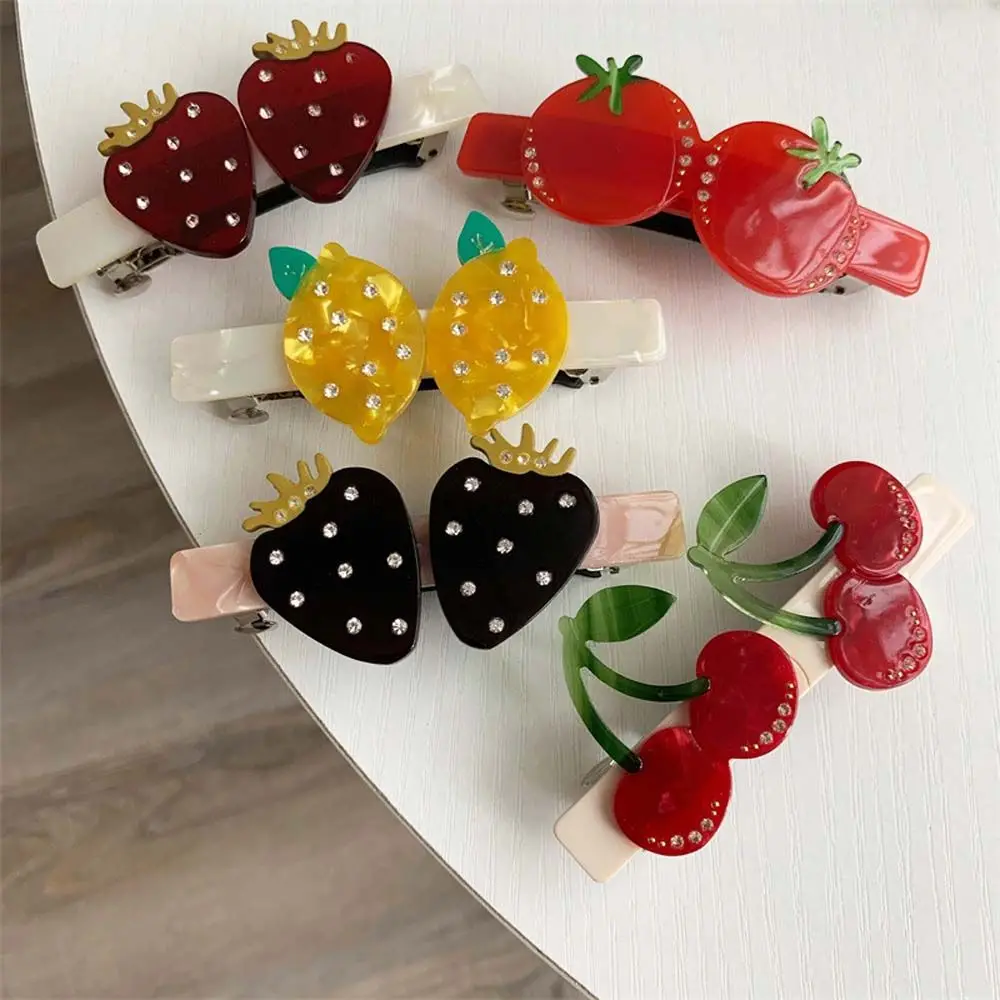 

Japanese Style Fruit Shape Side Hair Clips Shiny Diamonds Inlaid Fruit Duckbill Clips Sweet Girly Heart Hair Accessories