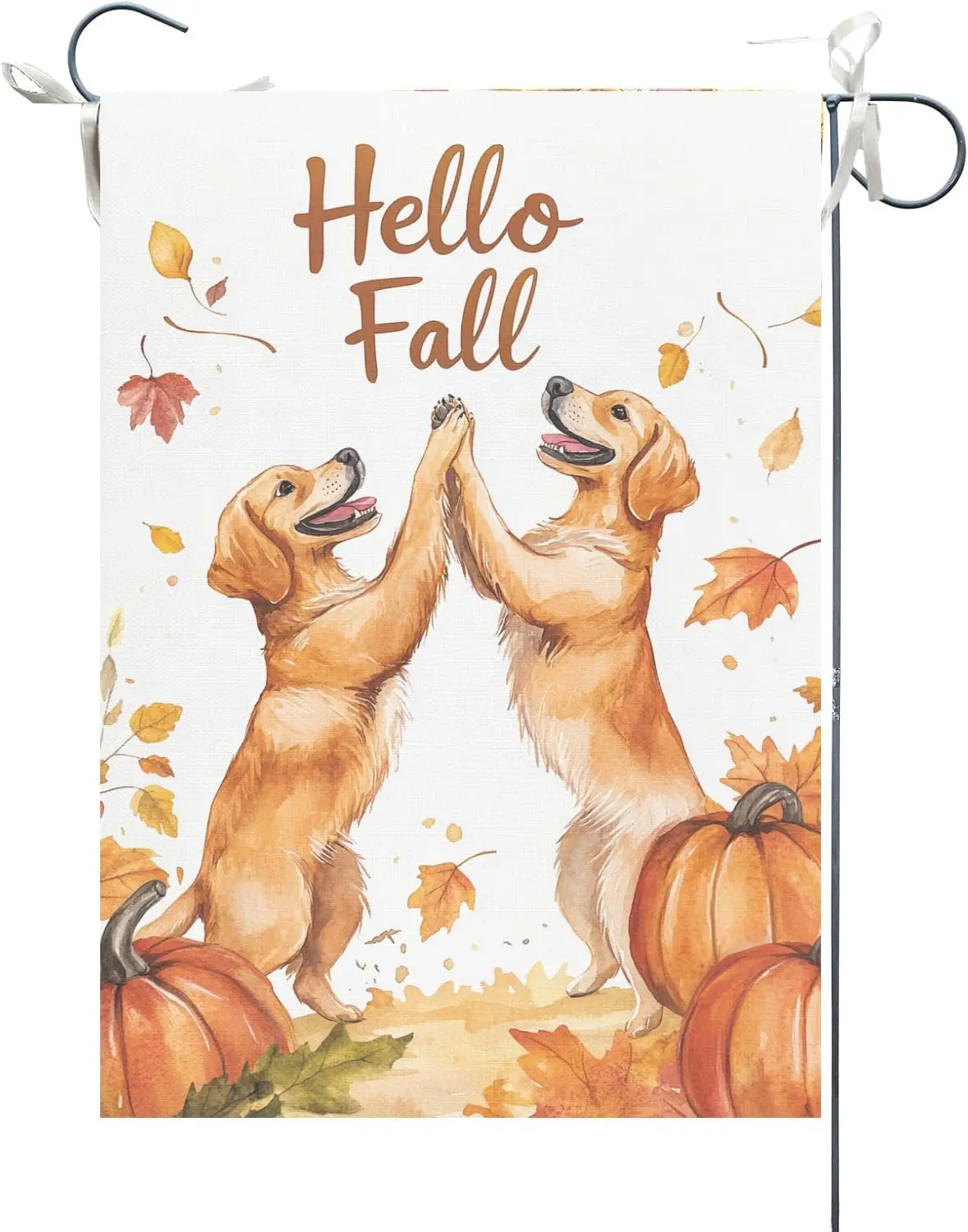 Фото Садовый флаг «Hello Fall» 12x18 дюймов, двухсторонний, золотистый ретривер делает пятью друг с другом садовый флаг Кленовый лист Яр WWL №1