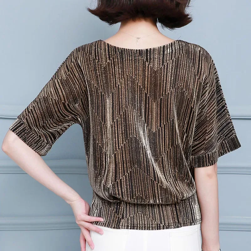 Женская Летняя Блузка Блестящий Топ С Круглым Вырезом Элегантный Повседневный