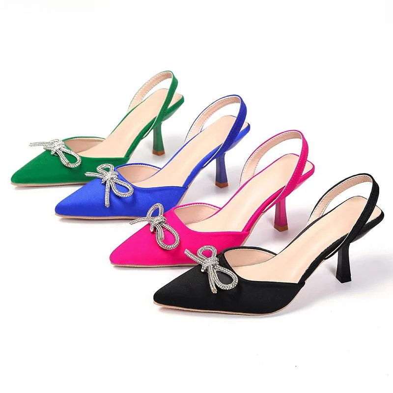 

New 2023 Women's High-heels Shoes Bow Rhinestone Fashion Woman Pumps Rose Red Pointed Toe Sexy Sandals Ladies Stiletto Mules