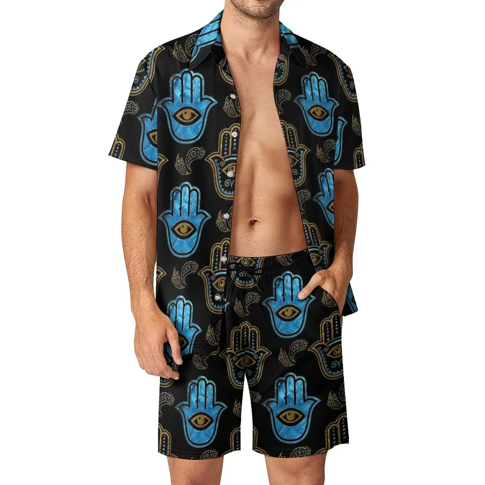 

Мужские повседневные шорты Hamsa, комплект рубашки с короткими рукавами, золотистого и синего цвета, Летний Пляжный комплект, большой размер, идея для подарка