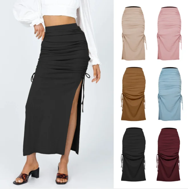 2021 European And American Split Knitted Slim Skirt Fashion Pleated Lace Up Women's Sexy Hip Long Skirt Girl Black