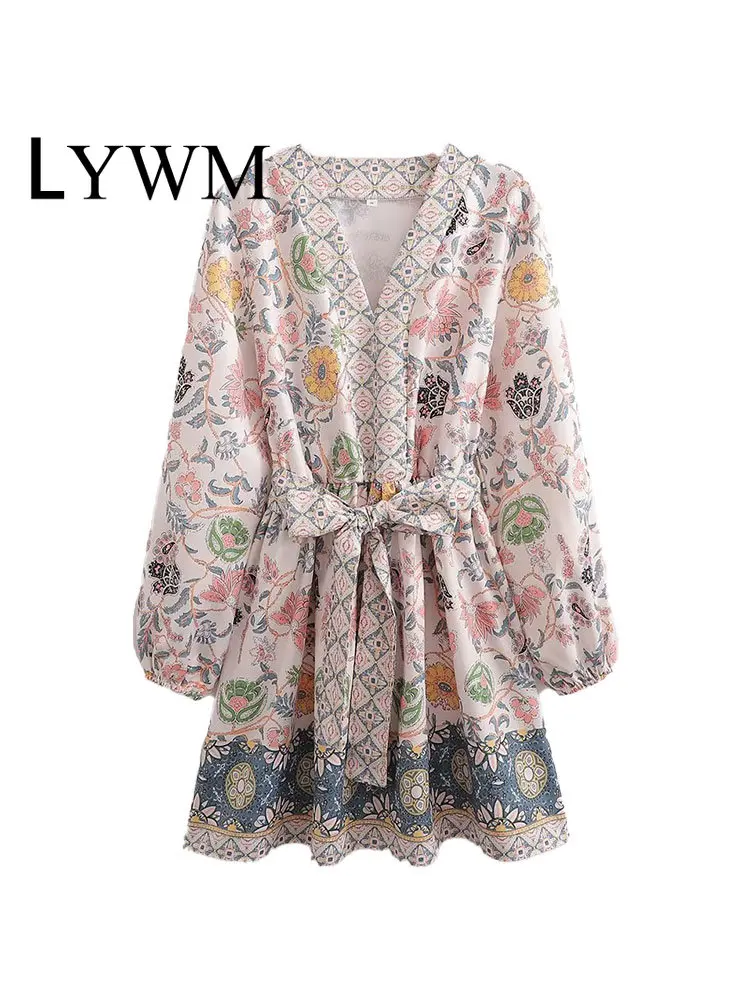 

Женское мини-платье с принтом LYWM, винтажное короткое платье с V-образным вырезом, высокой талией и длинными рукавами, шикарное Дамское Плать...