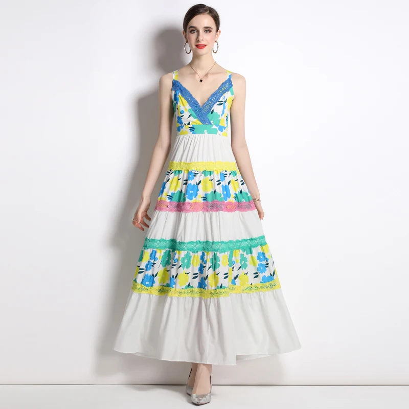 2023 New Summer Women Sexy V-Neck Sleeveless Strap Dress High Quality Fashion Print Lace Patchwork Big Hem Elegant Dress