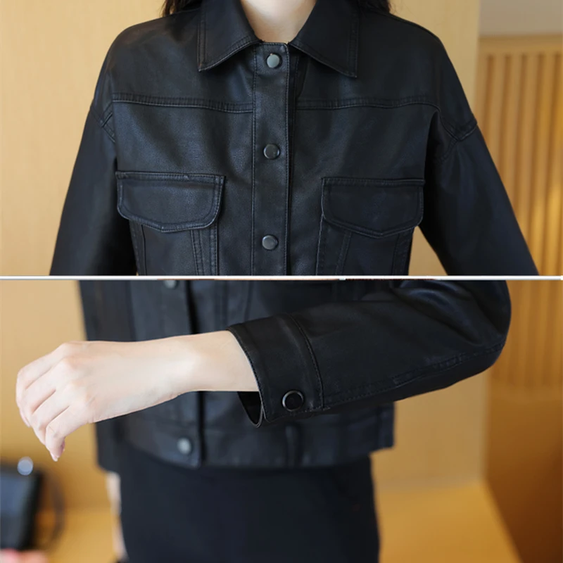 Womens Brown Biker Leather Jacket Button Down Pocket Fall and Spring Fashion Motorcycle Coat Office Casual Outwear