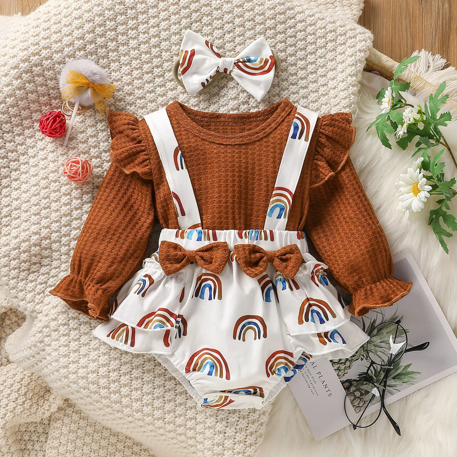 

Baby Girl Romper Spring Autumn Long Sleeve Rainbow Print Bodysuit Headbands Baby Outfit Set Ruffles Newborn Baby Girl Clothes