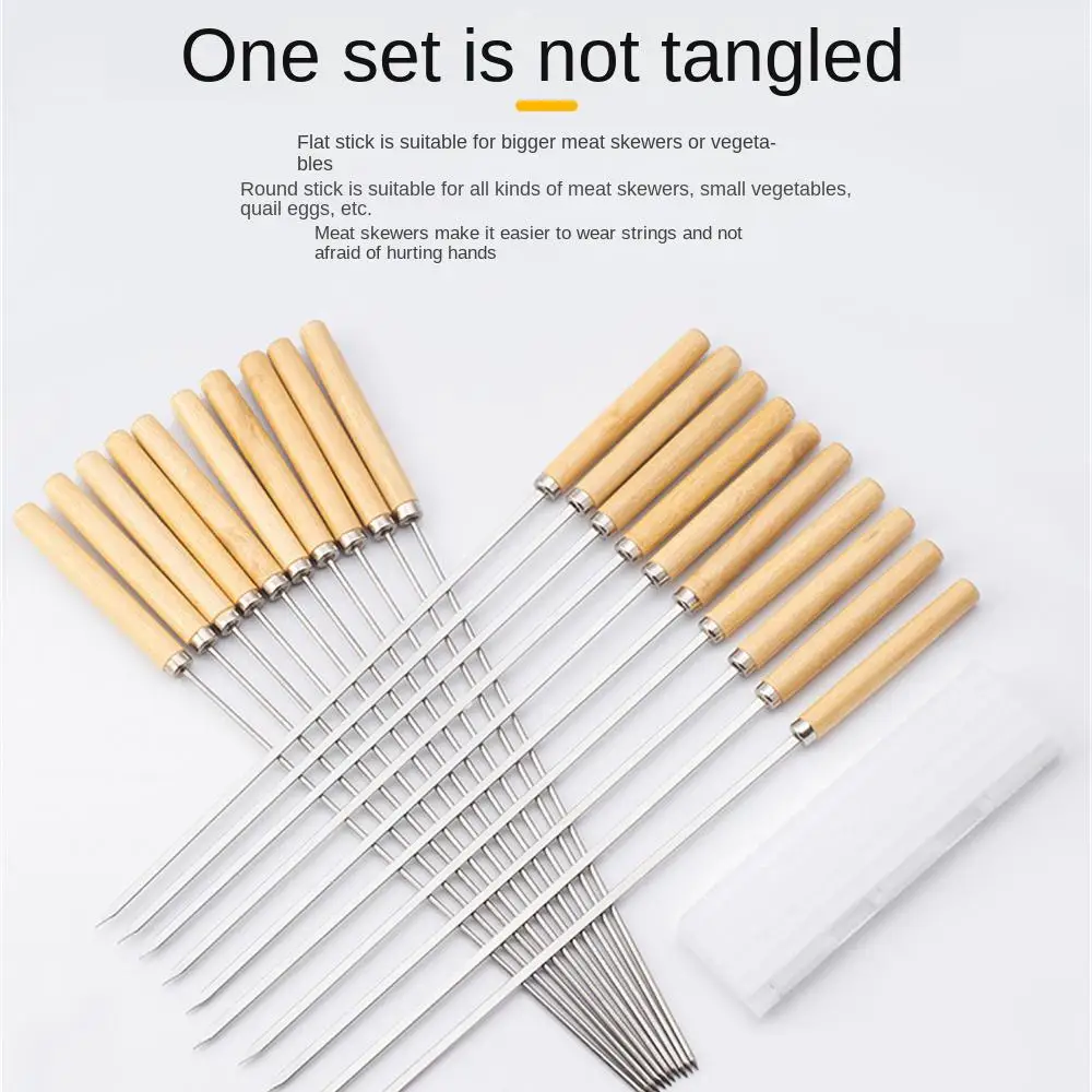 

10pcs Stainless Steel BBQ Skewers Long Handle Barbecue Grill Stick Wood Handle Fork Outdoor Grill Needle Kitchen Accessories