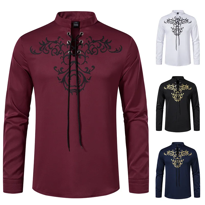 

LUCLESAM Мужская рубашка с воротником-лодочкой и кулиской с принтом длинными рукавами средневековая рубашка 2023 новые модные ретро топы мужская...