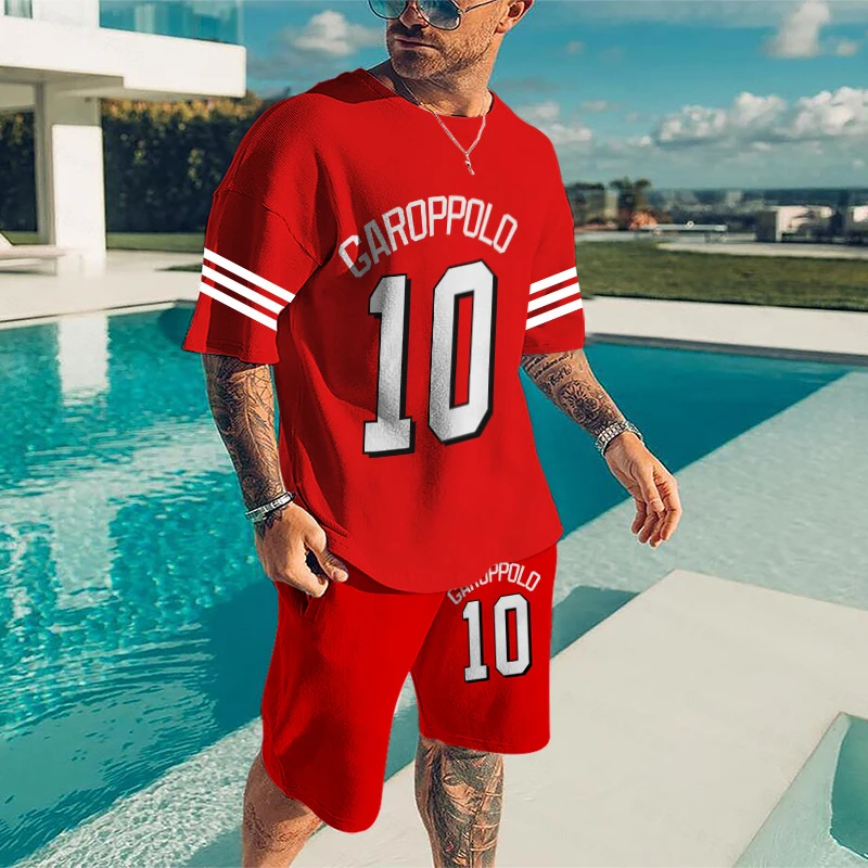 Men's Short-sleeved Shorts Suit, Printed T-shirt, Sports Style, Red Basketball T-shirt, Two-piece Breathable Casual Sports Shirt
