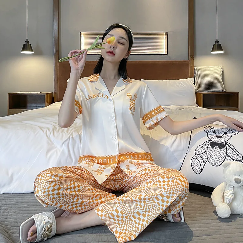 New Satin Chiffon Women's Pajama Set Spring/Summer White Printed Cardigan Short Sleeve Pants Cartoon Home Suit