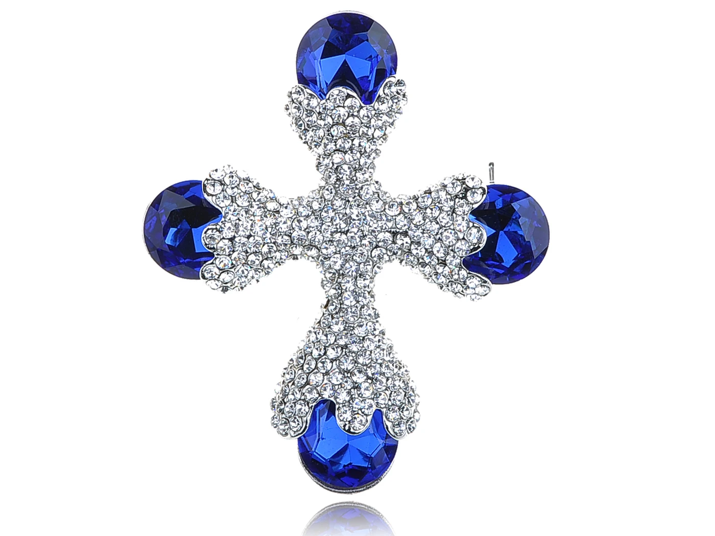 

Silvery Tone Shine Clear Blue Crystal Rhinestones Holy Cross Brooch Pin