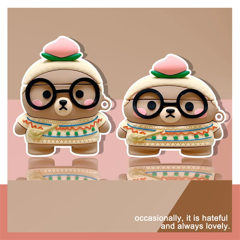 

Peach Glasses Bear Case for AirPods 1 / 2 / 3 Pro Case Cover TWS Bluetooth Earbuds Accessories Protective Case Cover