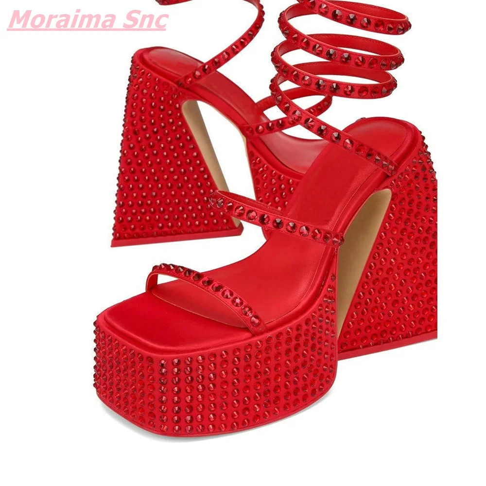 Summer New Red Women Sandals BlingBling Rhinestone Ribbon Square High Heel Open Toe Solid Casual Comfortable Modern Shoes 2022