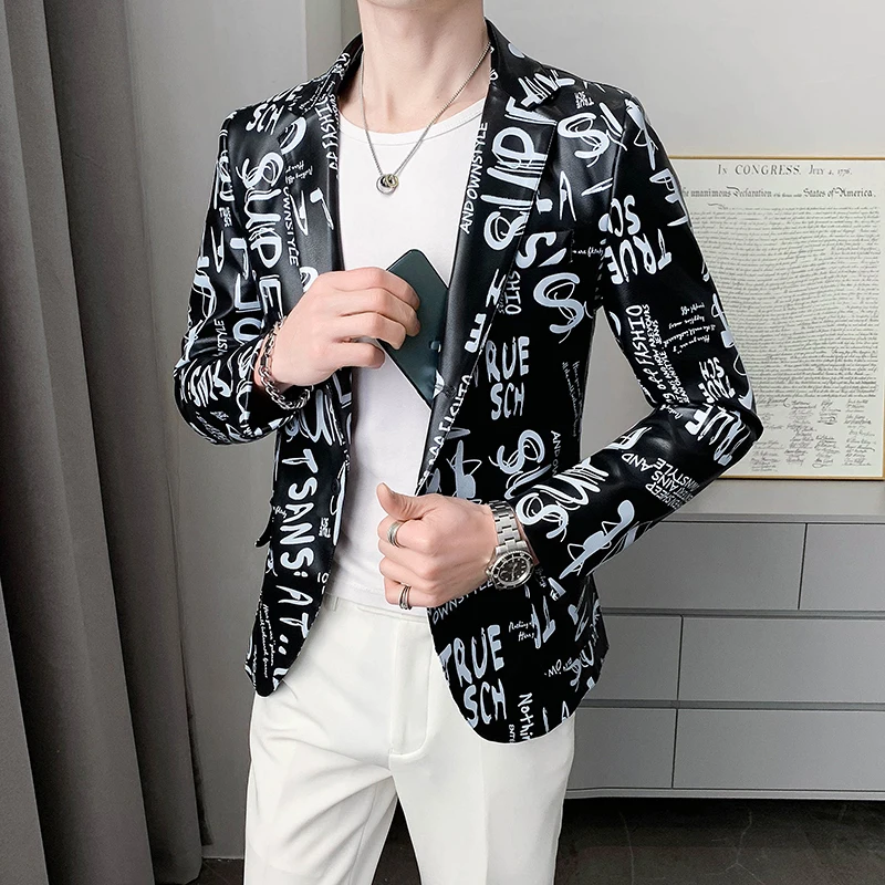 

Men's Spring and Autumn New Slim Faux Leather Coat Letter Print Fashion PU Suit Jacket Men's Waterproof Faux Leather Blazer
