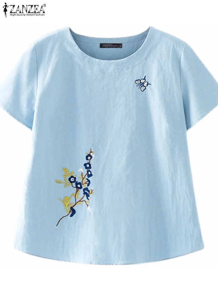 

ZANZEA 2023 Summer Flower Embroidery Solid Tops Casual Cotton T-shirts Women Round Neck Short Sleeve Holiday Simple Blusas Tees
