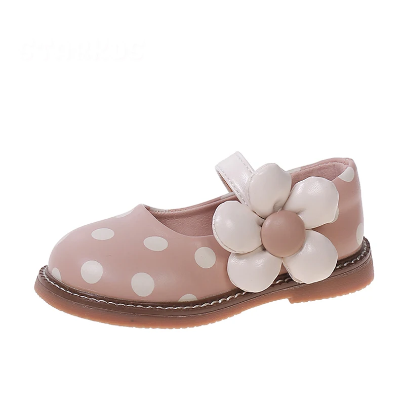 Toddler Girl's Big Flower Deco Mary Jane Shoes with Polk Dot Design in Round Toe and Soft Rubber Sole