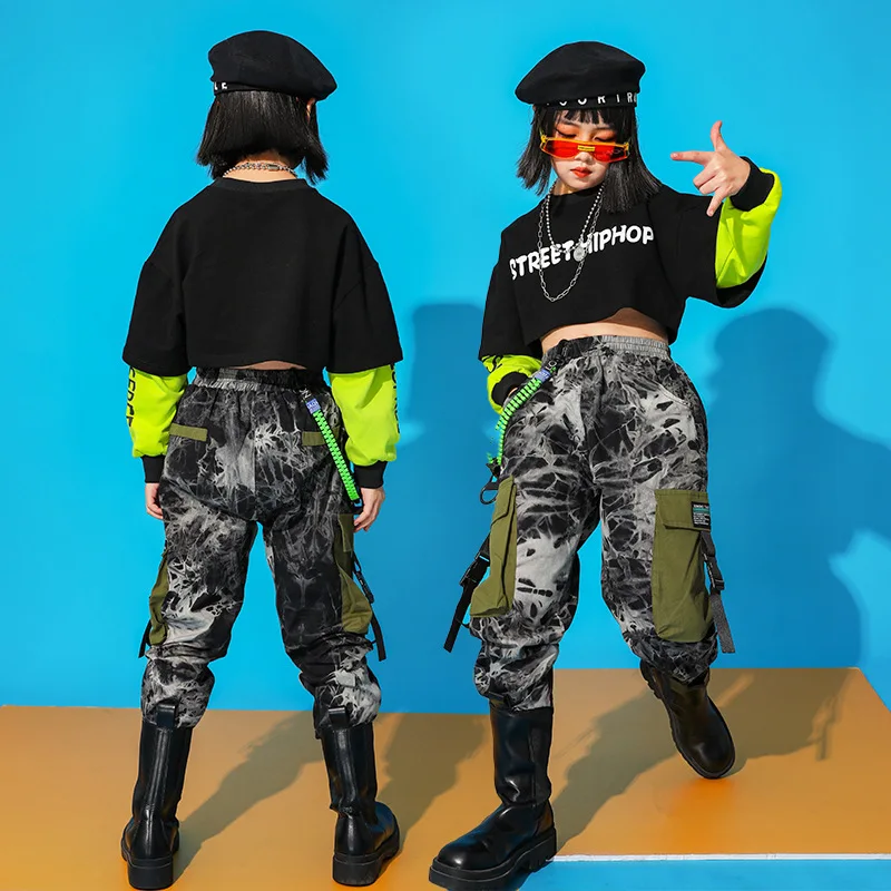 Kids Ballroom Hip Hop Clothing SweatShirt Crop Top Camo Tactical Cargo Pants for Girls Performance Jazz Dance Costumes Wear