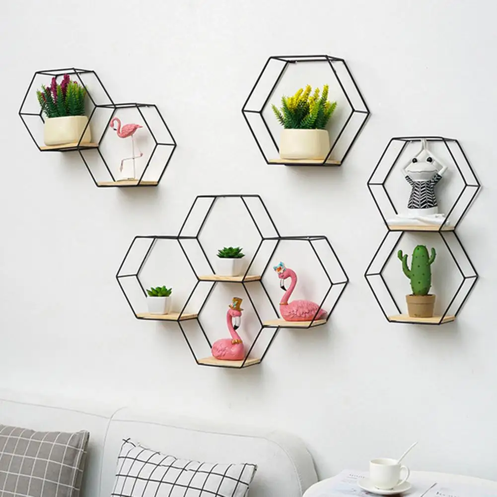 

Nordic Style Iron Wall Shelf Decoration Wall-Mounted Hexagonal Iron Stand Storage Shelves TV Background Bedroom Bedside Pendant