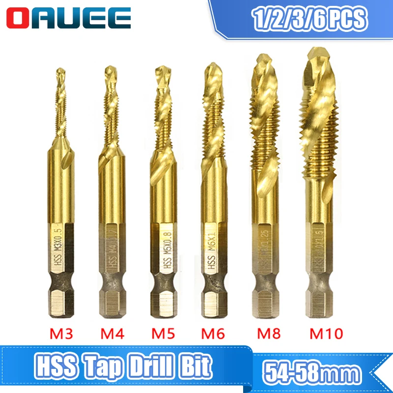 6PCS Tap Drill Bit Set Hex Shank Titanium Plated HSS Screw Thread Bit Screw Machine Compound Tap M3 M4 M5 M6 M8 M10 Hand Tools