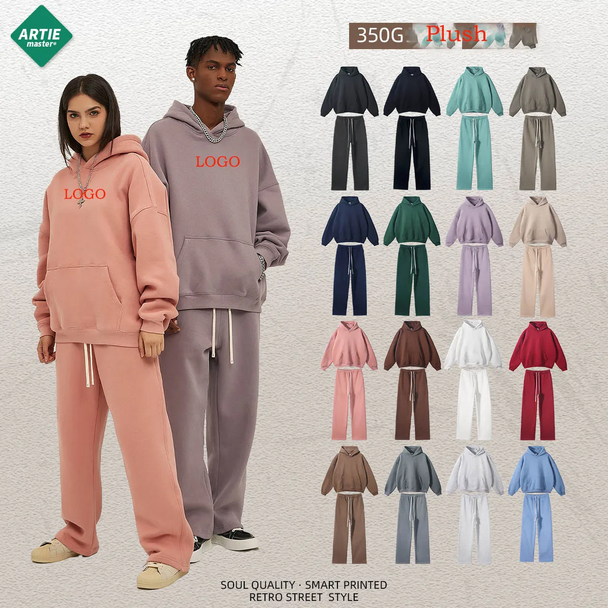 Мужские новые плюшевые прямые штаны с капюшоном и широкими штанинами логотипом