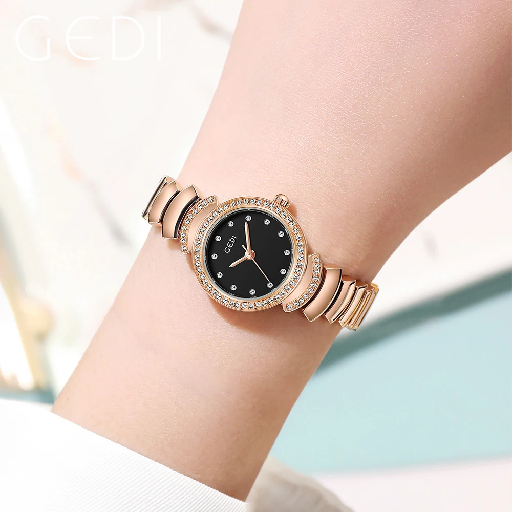 GEDI Waterproof Stainless Steel Women Bracelet Watch Luxury Fashion Full Diamond Small Rose Gold Ladies Quartz Watches Gift 2023