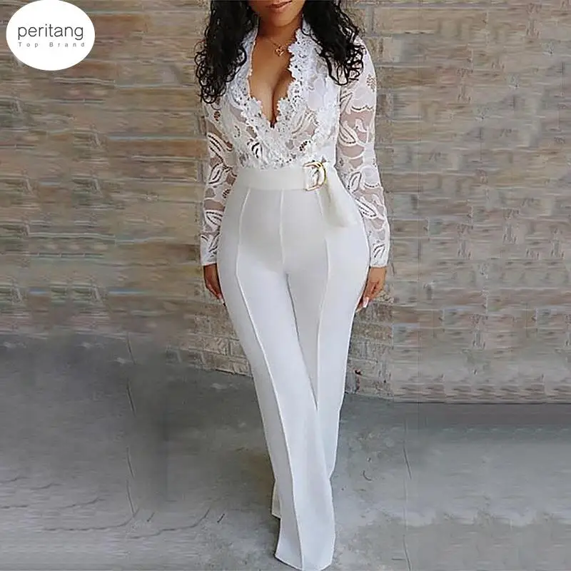

Женский кружевной комбинезон, белый комбинезон с длинным рукавом, V-образным вырезом и широкими штанинами, офисные Комбинезоны для женщин
