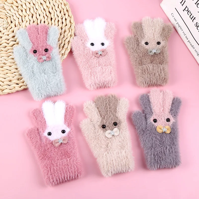 

3-8 Years Warm Soft Rabbit Wool Cartoons Kids Gloves Child Full Finger Baby Boys Girls Mittens Winter Knitted Children's Gloves