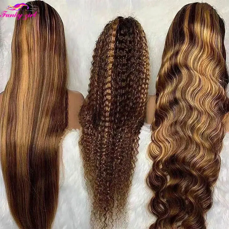Ombre Highlight Lace Part Wig Brazilian Straight Human Hair Lace Wigs Honey Blonde Colored Deep Wave Lace Wigs For Black Women