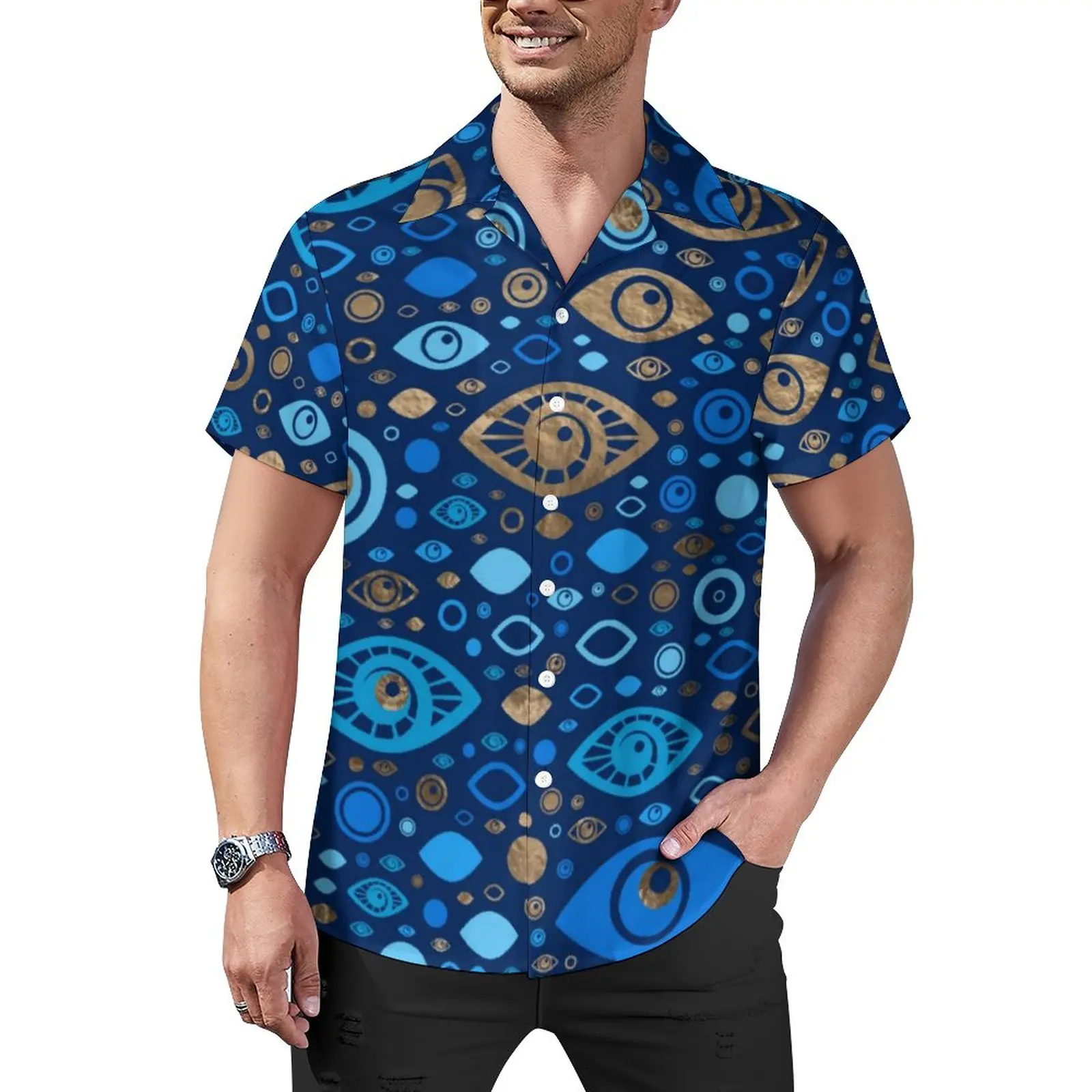 Greek Evil Eye Casual Shirts Blues and Gold Vacation Shirt Hawaiian Cool Blouses Man Graphic Large Size