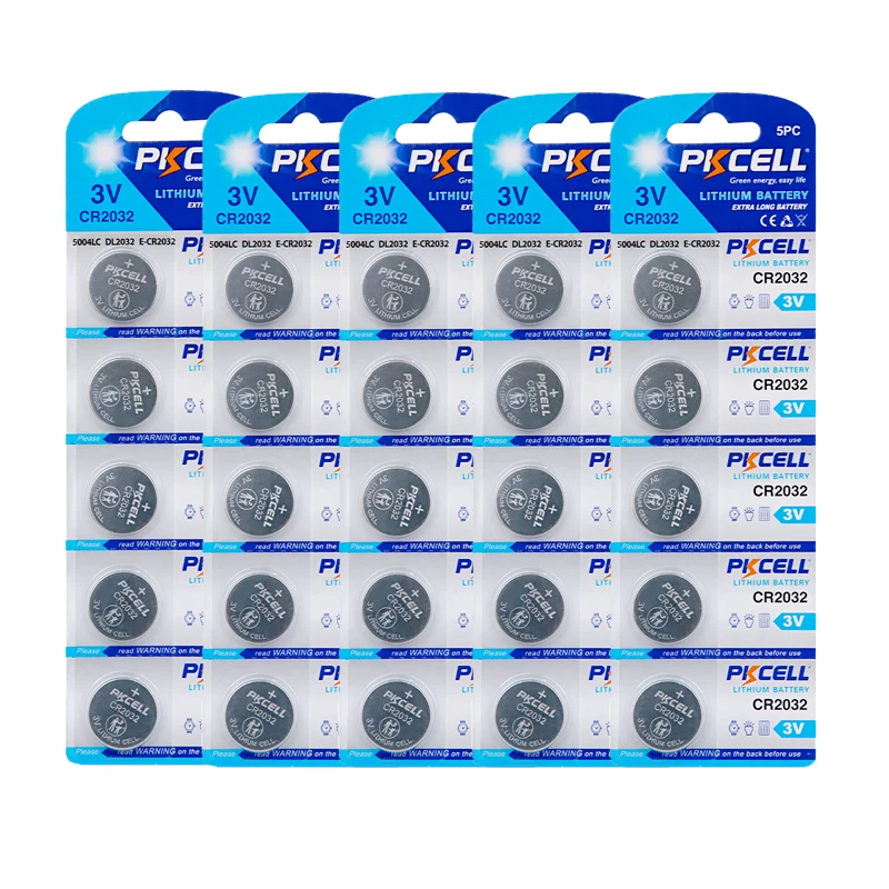 

PKCELL 25Pcs 5Packs CR2032 3V Lithium Button Coin Cell Battery ECR2032 DL2032 L14 5004LC