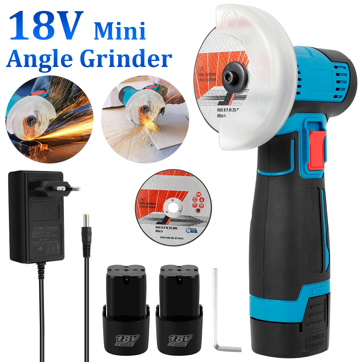 NewMini Angle Grinder 18V 9000rpm Professional Small Angle Grinder Tool with 1/2 Battery and 2 Discs Electric Grinder Machine