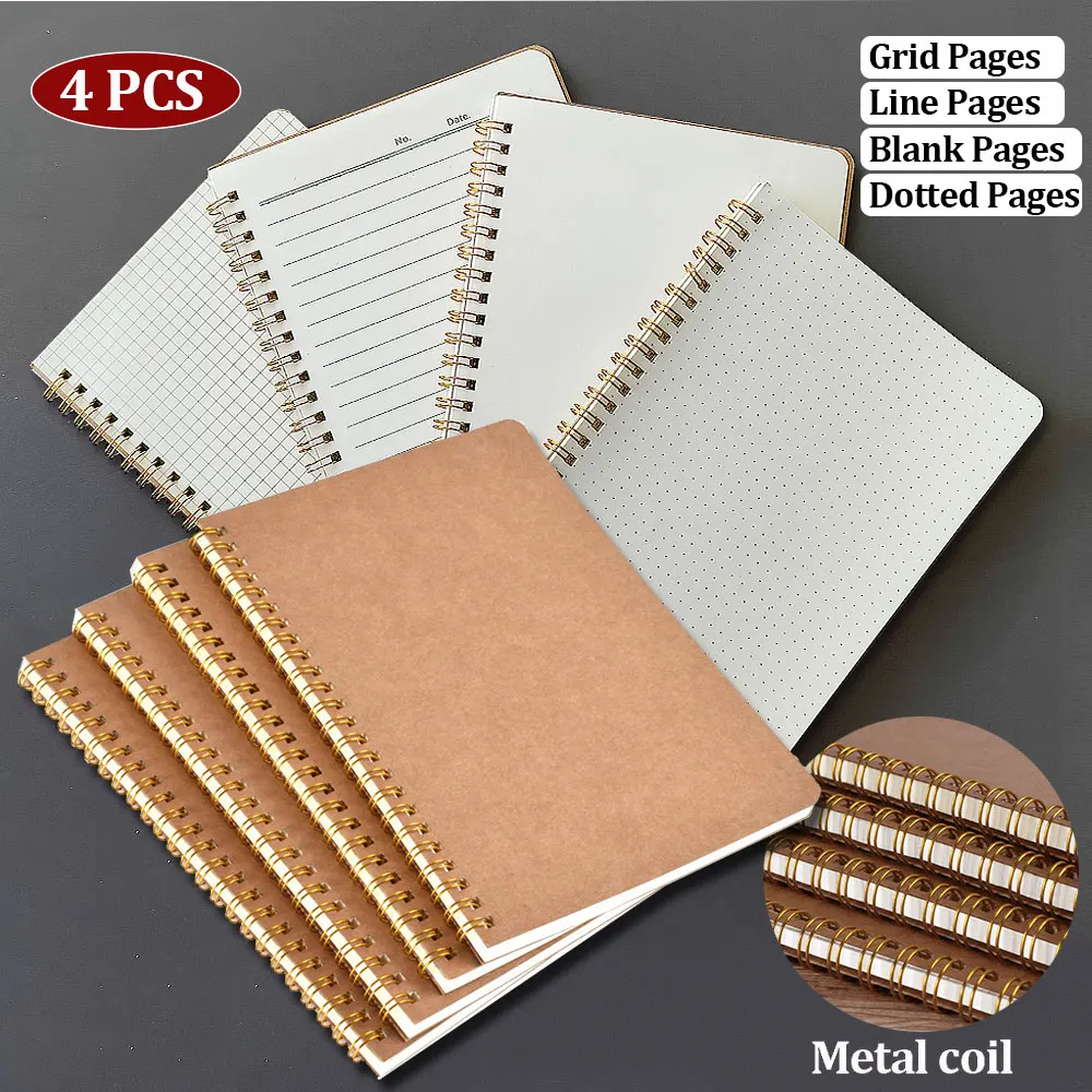 

4 Pcs A5 Spiral Notebook Set Kraft Cover Journal Diary Copper Coil Notepad Dot Grid Blank Lined Binder Pages For School Office