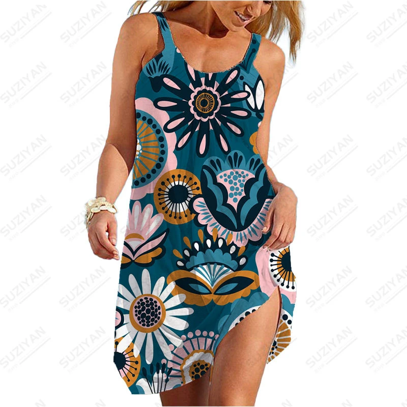 

Summer Flower Women's Sexy Beach Dress 3D Colorful Print Strap Retro Beach Dress Fashion Party Dress Casual Comfort Strap Dress