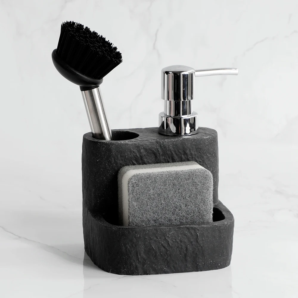 

3 in 1 Soap Dispenser Set Kitchen Soap Dispenser with Sponge Holder and Liquid Hand Soap Dispenser Countertop Organizer Black