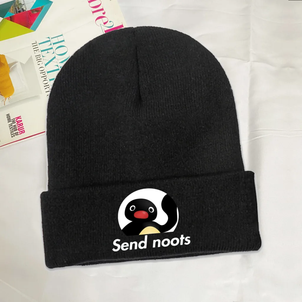 

Send Noots Essential Skullies Beanie Pingu Penguin Anime Knitted Bonnet Men Women Warm Cap Camping Hip Hop Brimless Elastic Hats