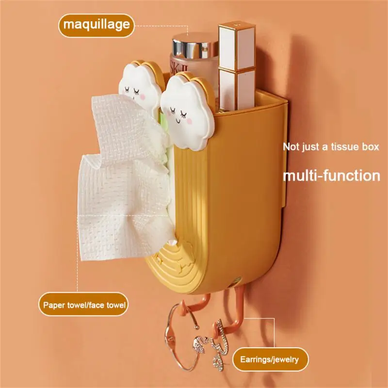 

Multi-functional Storage Punch-free Tissue Box Paper Organizer Creative Wall-mounted Bathroom Tissue Box With Hook Space-saving