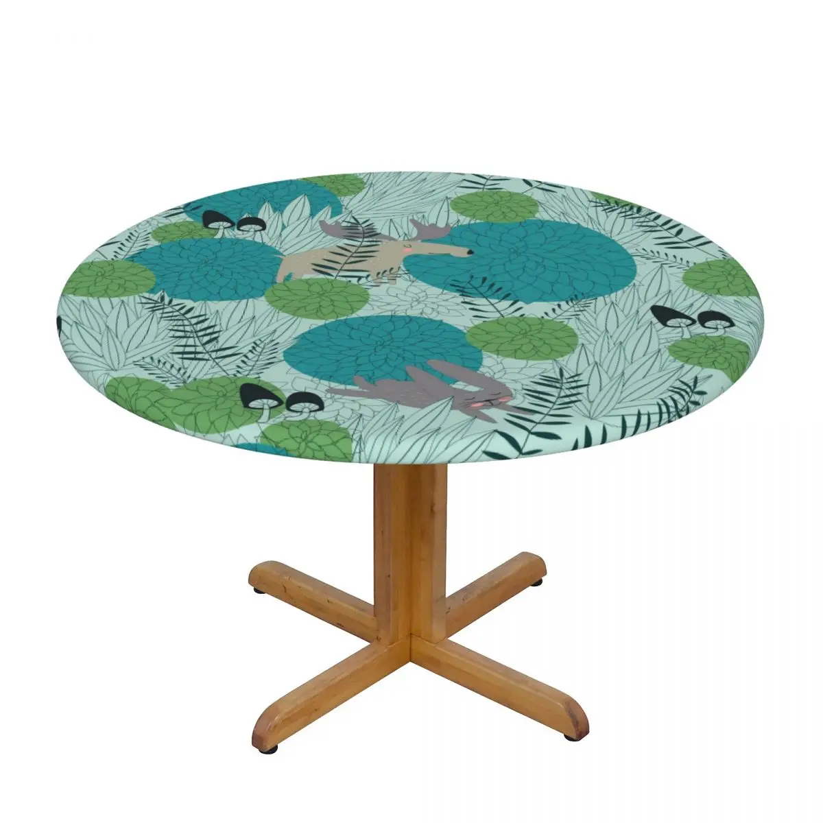 

Round Table Cover for Dining Table Elastic Tablecloth Cute Antelope And Cat In Forest Fitted House Hotel Decoration