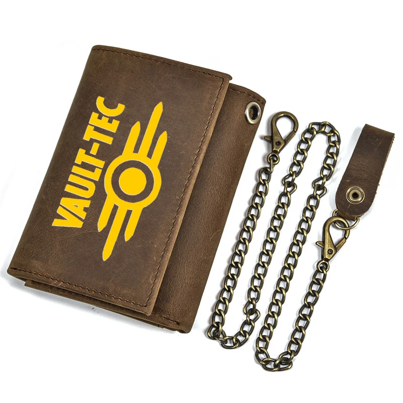 High Quality Genuine Leather Men Wallet Anti Theft Hasp With Iron Chain Fallout 4 Vault Sign Cover Card Holder Rfid Short Purse