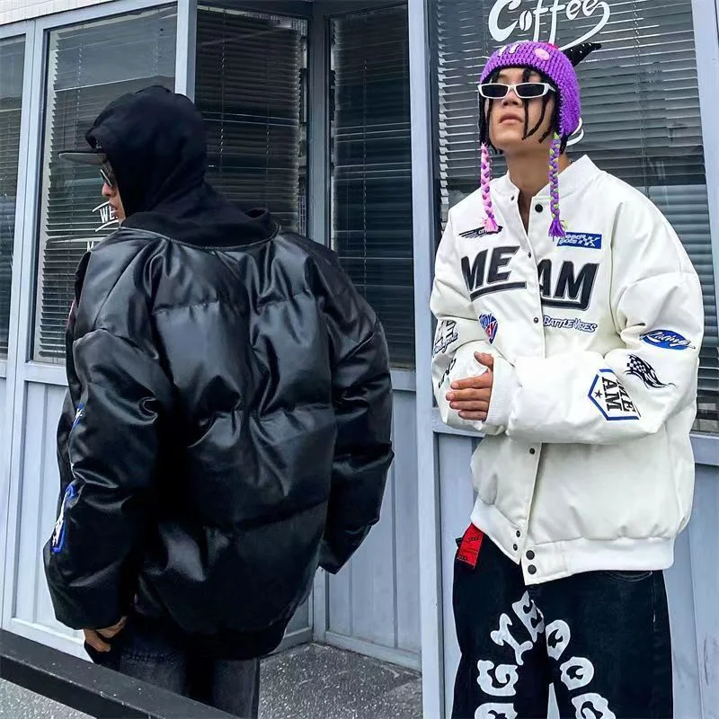 American Retro Embroidered PU Leather Thickened Baseball Jacket High Street Vibe Hip-hop Loose Clothes Winter Coat Men Streetwea