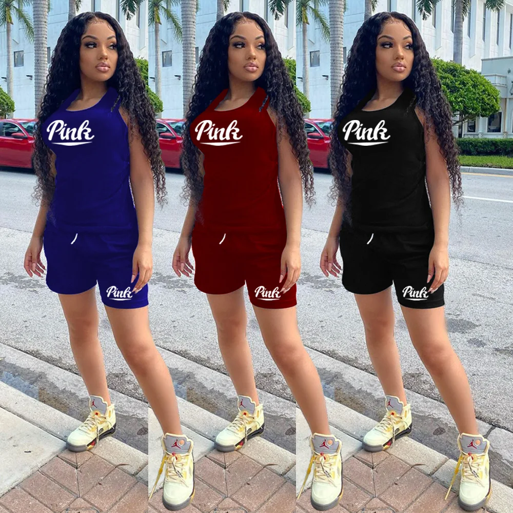 

Wholesale Outfits 2022 Fashion Casual Letter Printing Round Neck Slim Tank Lace-up Shorts Women Tracksuit 2 Piece Set