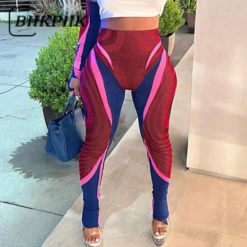 

BIIKPIIK Women High Waist Leggings For Streetwear Ladies Sexy Patchwork Bodycon Step-On-Foot Pants Outdoor Wear Stretchy Trouser