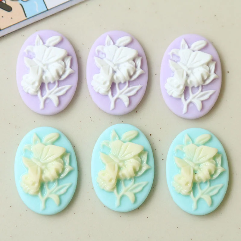 

50pcs Vintage Embossed Flower Butterfly Oval Charm Cute Ellipse Resin Victorian Cameo Patch For Handcraft Embellishment 24*17 mm