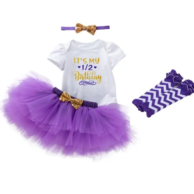 

Baby Girl Half Birthday Cake Smash Outfit Princess Tutu Dress Romper + Skirt + Headband+Legging 4pcs Set