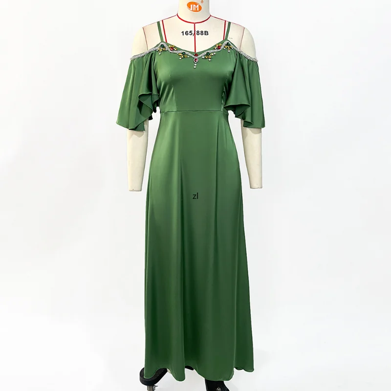 Summer Dresses 2022 Turkey Backless Sling Long Dress Rhinestone Belted Kaftan Solid Green Spaghetti Strap Beach Holiday Robe