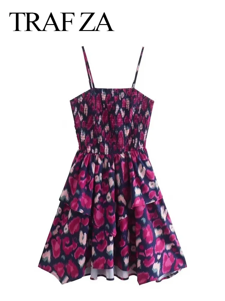 

TRAF ZA Fashion Retro Purple Grape Print Sling Mini Dress Upper Body Elastic Two Stage Irregular Hem Women's Dress Summer New