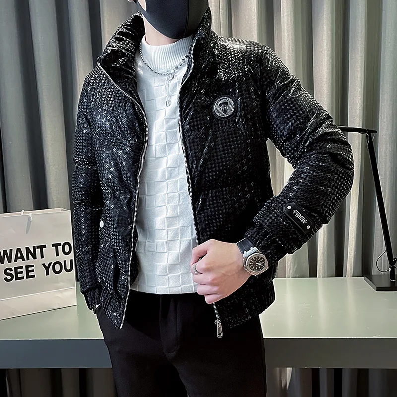Winter Luxurious Sequin Men Jackets Thicken Warm Stand Collar Casual Puffer Parkas Overcoat Windproof Streetwear Men Clothing